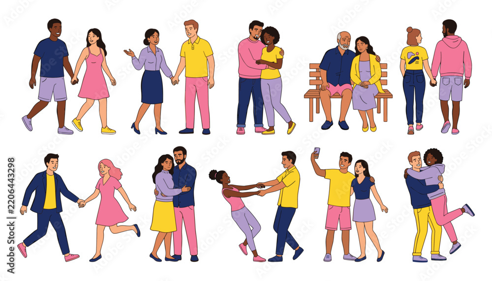 Fototapeta premium Diverse Happy Couples Vector Set with Multiethnic Men and Women Walking Hugging Taking Selfie and Dating for Relationship Valentine and Social Graphic Designs