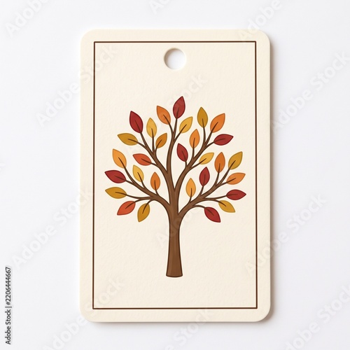 Autumn Tree Gift Tag with Colorful Red Orange Golden Leaves, Minimalist Thanksgiving Design.