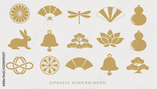 Gold Japanese Modern Motif Icons on White Background