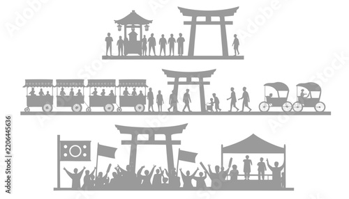 Japanese festival silhouettes with torii gate and crowd