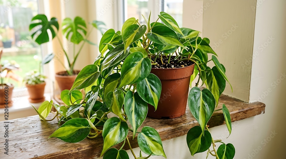 Obraz premium Lush trailing philodendron houseplant in a terracotta pot sitting on a bright sunny wooden window sill