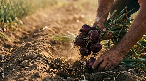 Farmer harvesting fresh red onions from the soil at sunset