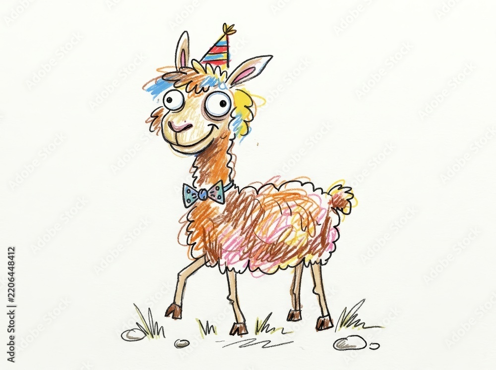 Obraz premium Funny llama in striped party hat and bow tie. Colorful hand-drawn cartoon doodle illustration. Birthday celebration concept. Childrens drawing style. Greeting card design.