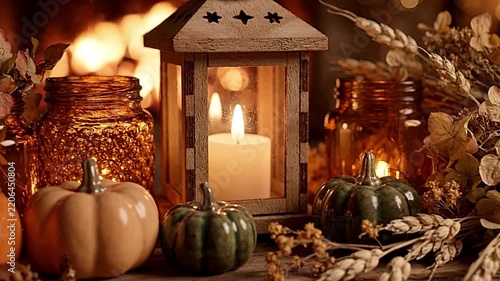 Cozy autumn fireplace scene with burning candles and ceramic pumpkins in warm glowing video footage