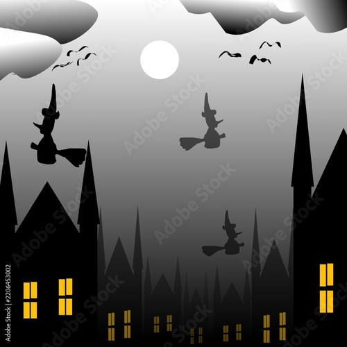 Halloween night background illustration featuring a spooky haunted castle and forest silhouettes, flying witches, bats, moon, clouds, and glowing windows. Dark atmospheric scenery with purple, orange,