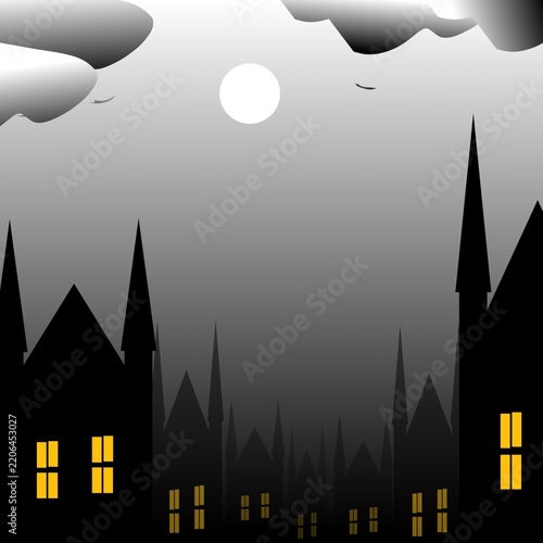 Halloween night background illustration featuring a spooky haunted castle and forest silhouettes, flying witches, bats, moon, clouds, and glowing windows. Dark atmospheric scenery with purple, orange,