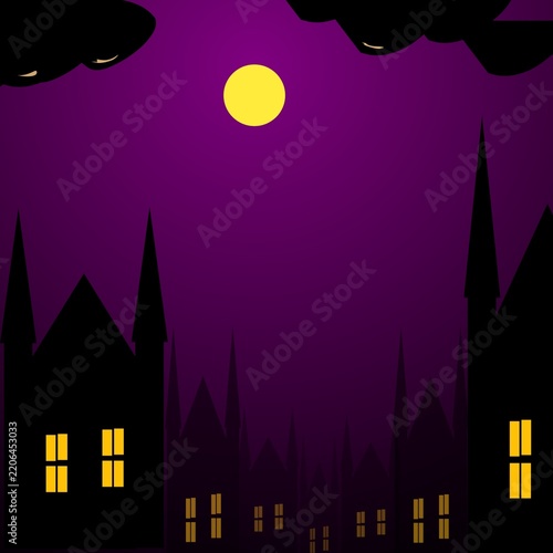 Halloween night background illustration featuring a spooky haunted castle and forest silhouettes, flying witches, bats, moon, clouds, and glowing windows. Dark atmospheric scenery with purple, orange,