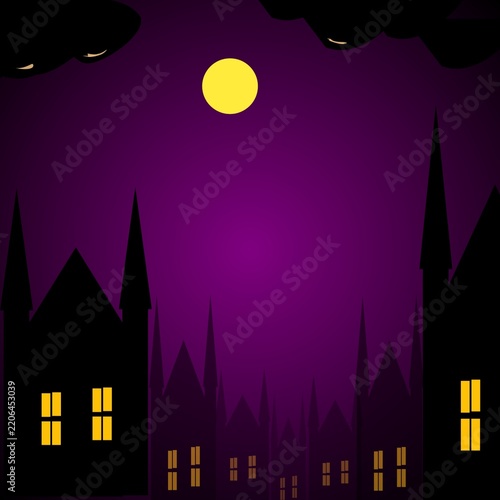 Halloween night background illustration featuring a spooky haunted castle and forest silhouettes, flying witches, bats, moon, clouds, and glowing windows. Dark atmospheric scenery with purple, orange,