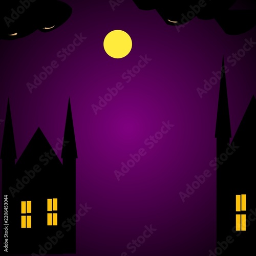 Halloween night background illustration featuring a spooky haunted castle and forest silhouettes, flying witches, bats, moon, clouds, and glowing windows. Dark atmospheric scenery with purple, orange,