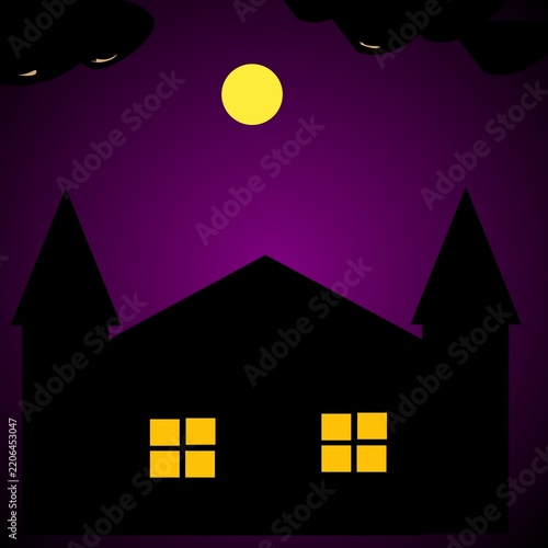 Halloween night background illustration featuring a spooky haunted castle and forest silhouettes, flying witches, bats, moon, clouds, and glowing windows. Dark atmospheric scenery with purple, orange,