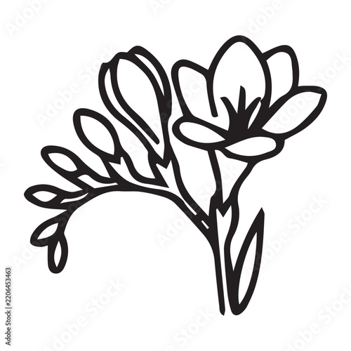 Minimalist freesia flower line art vector illustration, black botanical stem outline drawing, elegant floral doodle clip art for wedding design