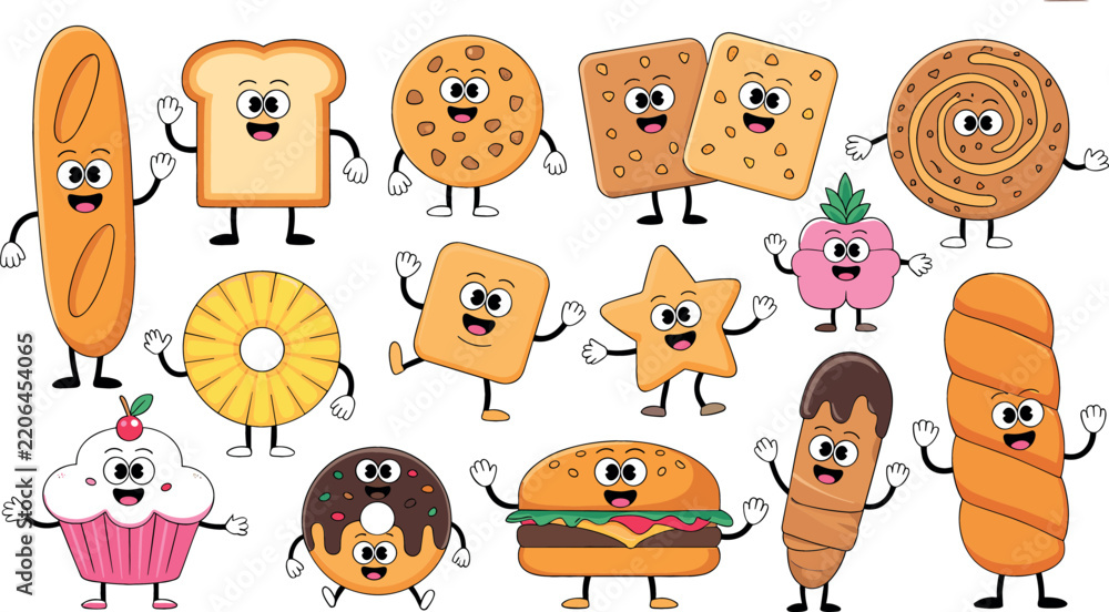 Obraz premium Cute Cartoon Bakery and Fast Food Character Vector Set Featuring Smiling Bread Donut Cupcake Cracker and Burger Mascots for Kids Menu Graphic Designs