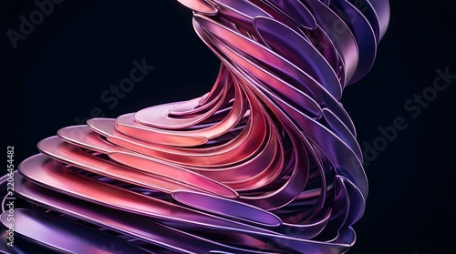 Iridescent metallic spiral structure with purple and pink gradient curves on dark background
