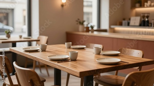 Elegant Scandinavian café interior with warm oak dining furniture