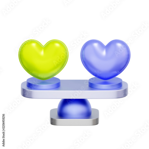 3D illustration of balance scale with hearts for product comparison, preference choice, emotional balance, relationship value, and decision making.