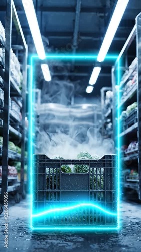 Futuristic Cold Storage with Glowing Neon Frame and Fresh Produce in a Crate, Advanced Agricultural Technology Concept