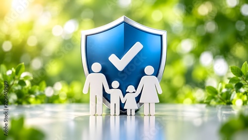 White paper family figures under blue shield with checkmark representing secure family life insurance protection