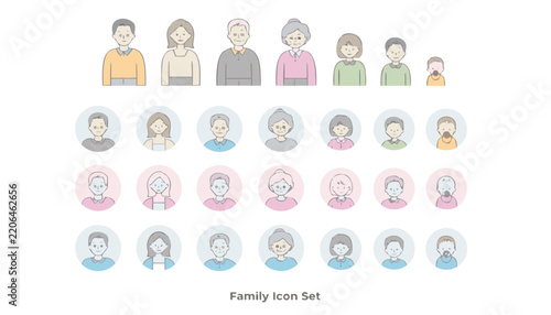 Family icon set with diverse generations in a colorful vector style