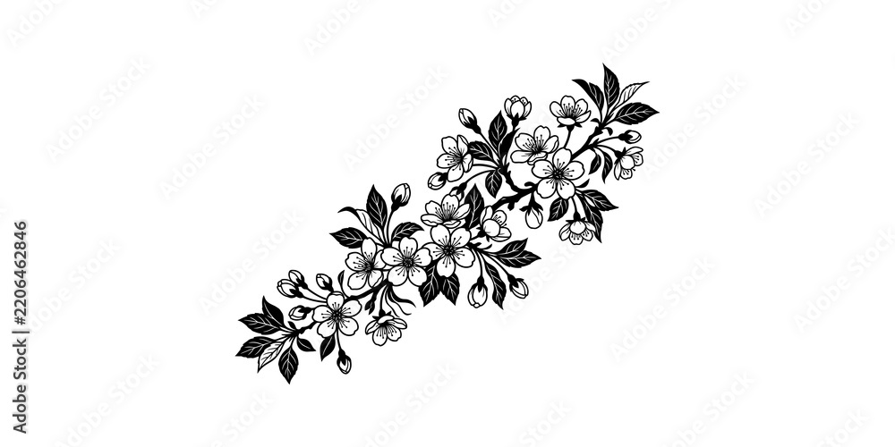 Fototapeta premium Floral branch design with blooming sakura cherry blossom flowers and leaves isolated on transparent background.