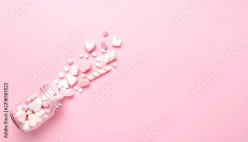 Pink heart candies and marshmallows spilling from a small glass jar on a soft pastel pink background