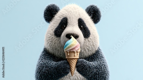 Cute Fluffy Panda Eating Colorful Rainbow Swirl Ice Cream Cone