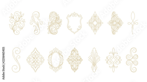 Ornate decorative elements, vintage floral motifs, elegant frames, isolated