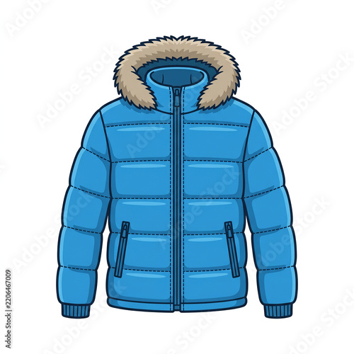 Blue Winter Puffer Jacket with Fur Hood - Isolated Clothing Illustration