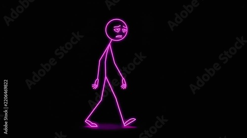 Sad purple neon glowing stick figure walking slowly black background