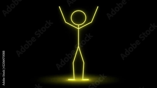 Yellow neon glowing stickman doing jumping jacks exercise animation loop