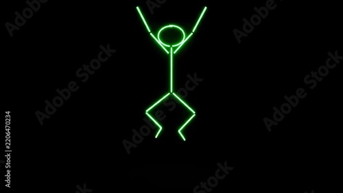Glowing green neon stick figure performing jumping jacks exercise animation