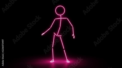 Glowing pink neon stickman character dancing and grooving to music