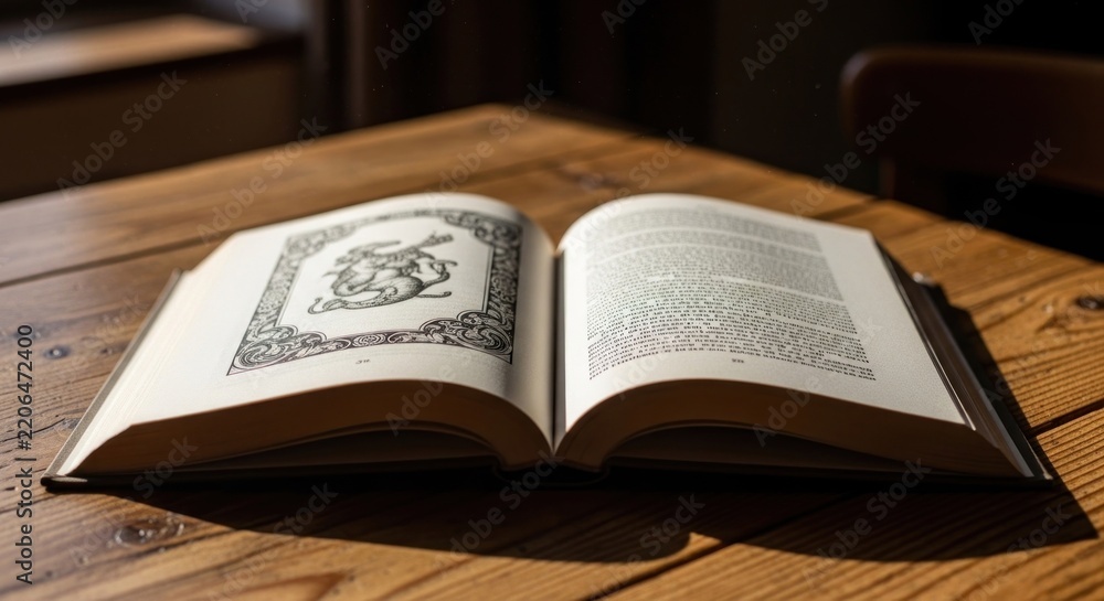 Fototapeta premium An Open Antique Book with Intricate Illustrations on a Wooden Table.