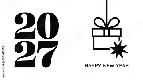 Happy New Year 2027 Typography with Gift Box and Star