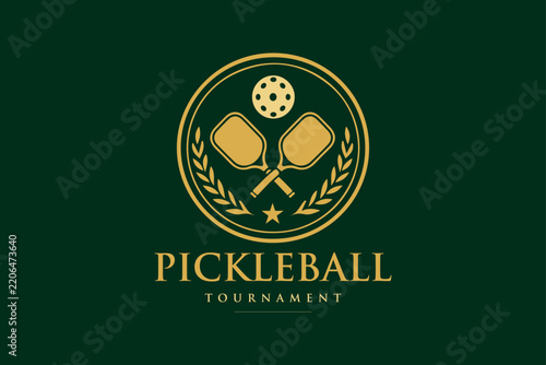 Pickleball Tournament Logo with Crossed Paddles and Ball in Elegant Gold Laurel Emblem for Sports Competition Event Championship and Branding