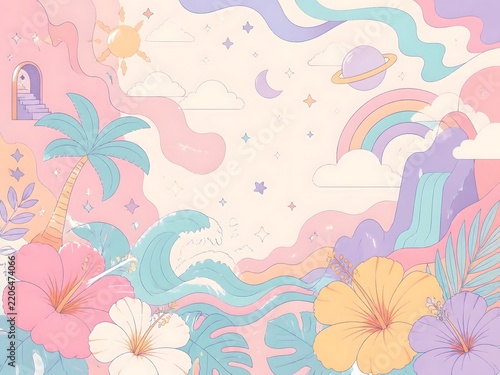 surreal fantasy pastel doodle background with hawaiian flowers