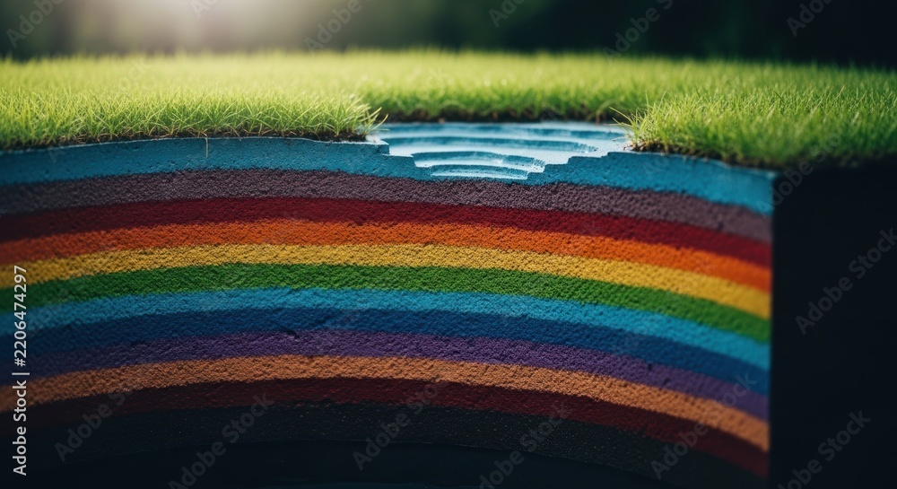 Obraz premium Cross section of rainbow colored earth layers beneath green grass and water.