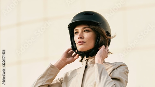 Stylish young woman wearing protective black helmet adjusting straps outdoors on sunny day, urban environment, fashionable helmet, safety gear, outdoor activity