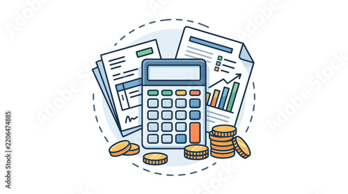 Calculator, Coins, and Financial Reports Icon