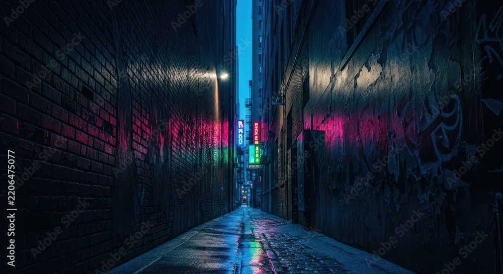 Obraz premium Futuristic Cyberpunk City Street at Night with Neon Lights.