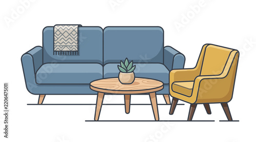 Modern Living Room Furniture Set: Blue Sofa, Yellow Armchair, Coffee Table