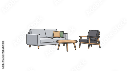 Modern Sofa, Armchair, and Coffee Table Set Isolated