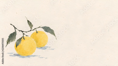 和紙の質感に描かれた枝付きの柚子の水彩画風イラスト（生成AI）