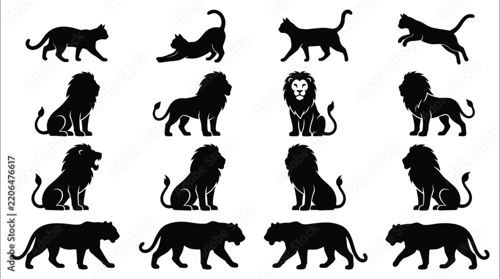 Obraz premium Black Silhouette Feline Vector Set with Domestic Cats Lions and Tigers in Different Poses for Logo Stencil Tattoo and Graphic Designs