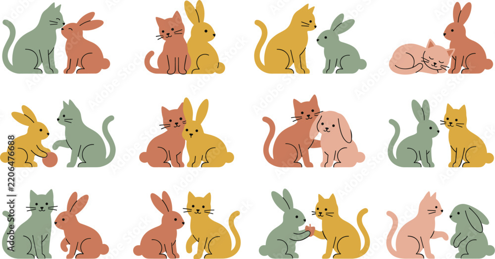 Obraz premium Cute Cartoon Cat and Rabbit Interaction Vector Collection for Kids Nursery Prints Greeting Cards Children Book Illustrations and Playful Graphic Designs