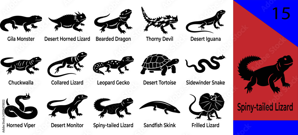 Obraz premium Black desert reptile silhouette icons set gila monster horned lizard dragon iguana chuckwalla gecko tortoise viper monitor spiny-tailed editable vector