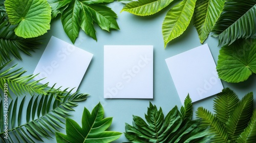 Blank papers framed by vibrant green tropical leaves on a muted background