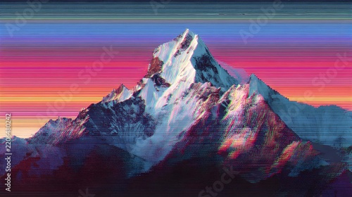 Glitch art style snow mountains peak at retro synthwave