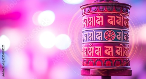 Traditional Buddhist prayer wheel with sacred mantra inscriptions spinning against a dreamy colorful bokeh background
