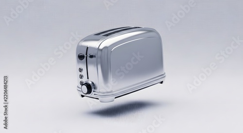 A shiny chrome-plated kitchen appliance designed for toasting bread slices, featuring a sleek, modern aesthetic