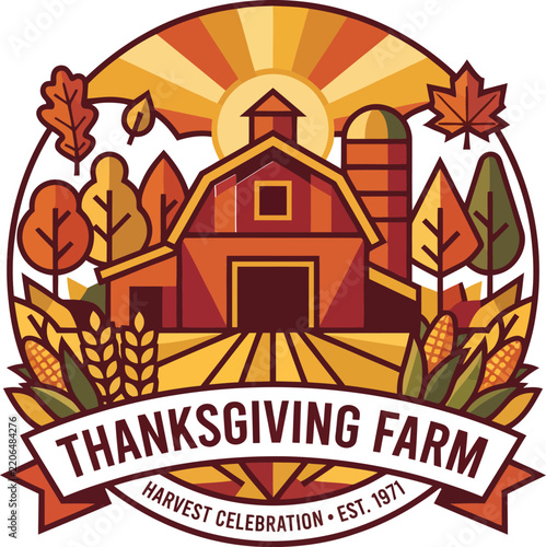 Thanksgiving farm logo with barn and harvest corn field thanksgiving celebration agriculture graphics november september landscape
